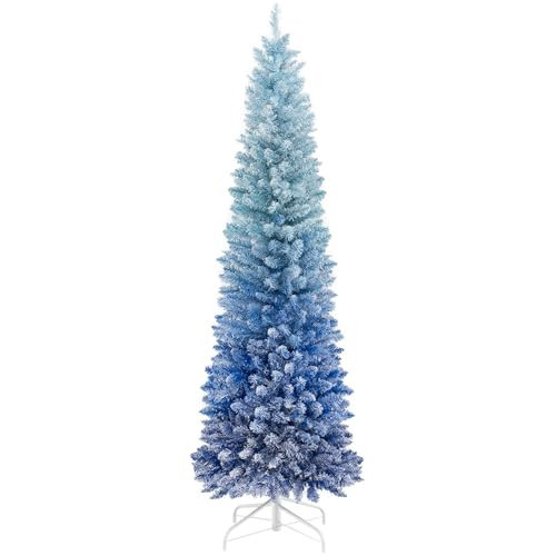 GOFLAME 6FT Pencil Christmas Tree Snow Flocked, Hinged Artificial Xmas Tree with Gradient Blue Leaves, 435 Branch Tips, Foldable Metal Stand, Seasonal Holiday Decoration Tree for Home Party | Amazon (US)
