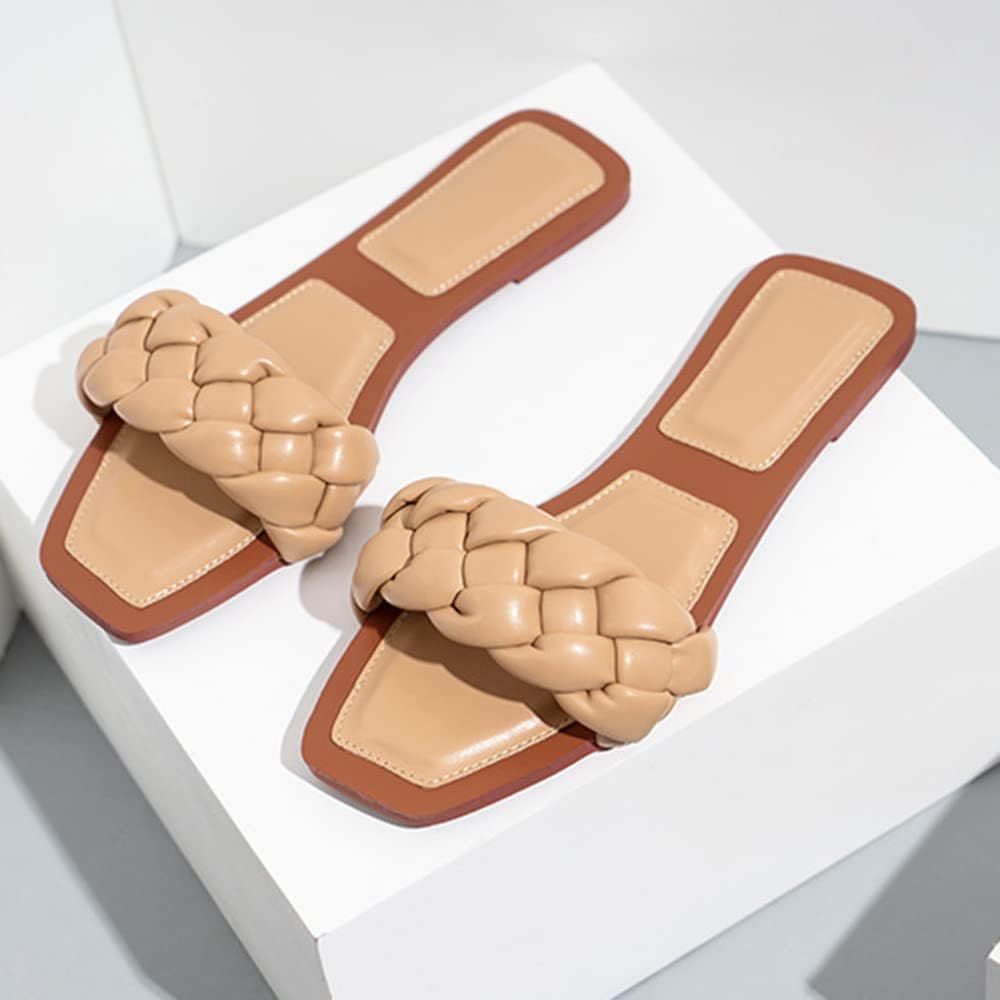 Womens Square Open Toe Flat Sandals Slip On Mule Slides Braided Strap Slipper | Amazon (US)