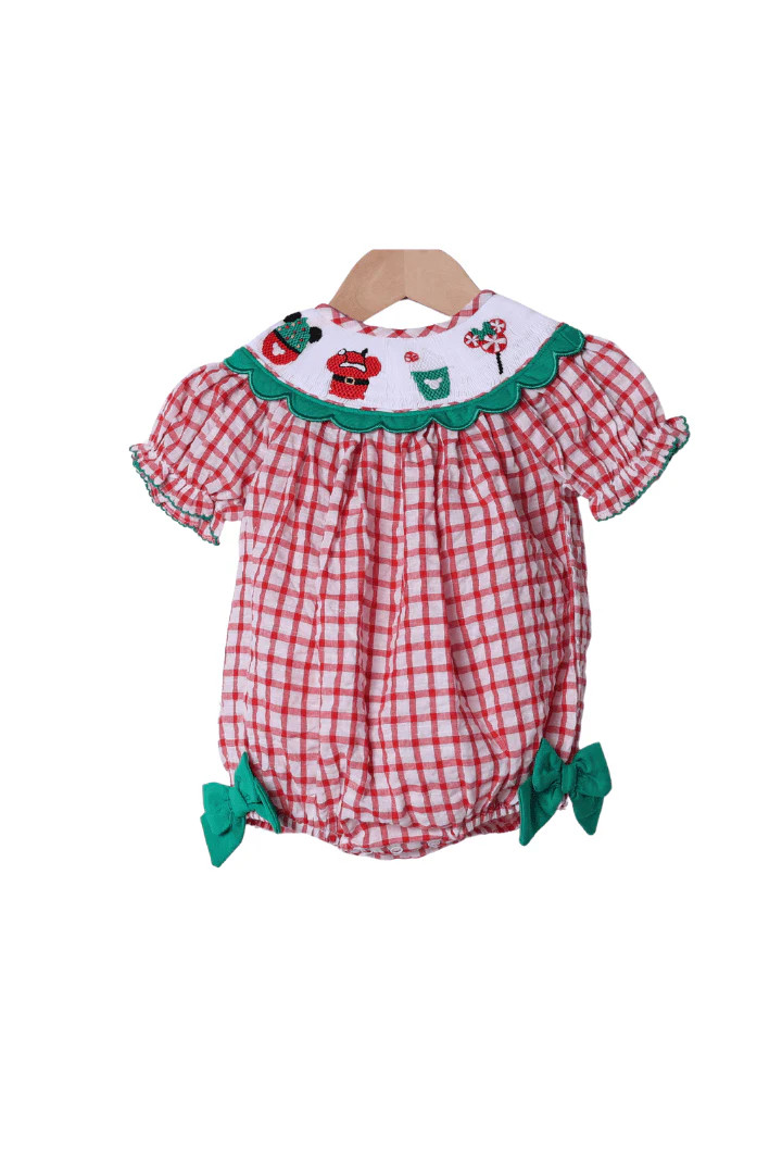 Smocked Holiday Park Snacks Red Windowpane Scalloped Bubble | The Smocked Flamingo