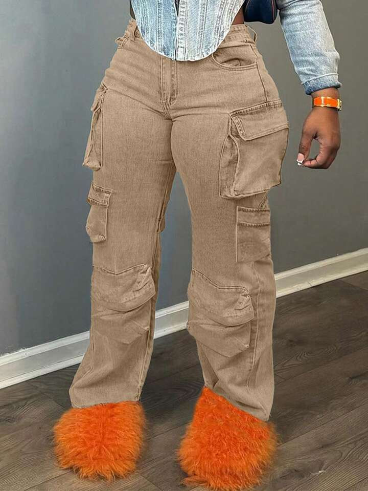 American Trendy Multi-Pocket Denim Cargo Pants For Women | SHEIN