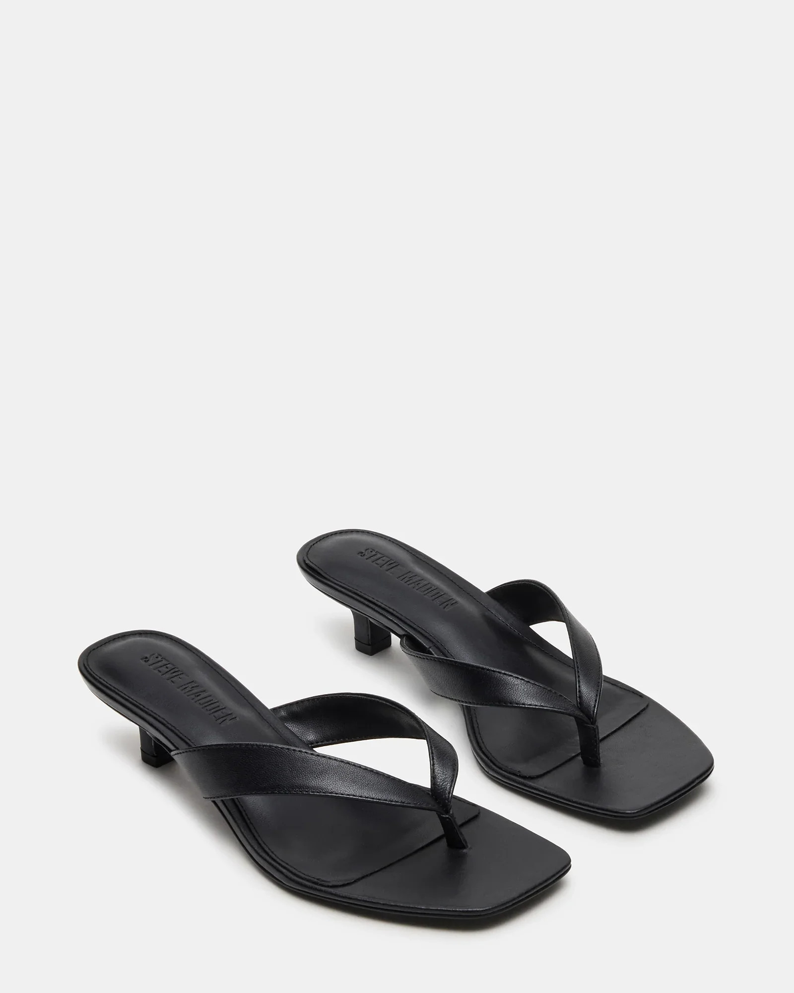 TRACIE Black Leather Thong Strap Kitten Heels | Women's Designer Heels | Steve Madden (Canada)