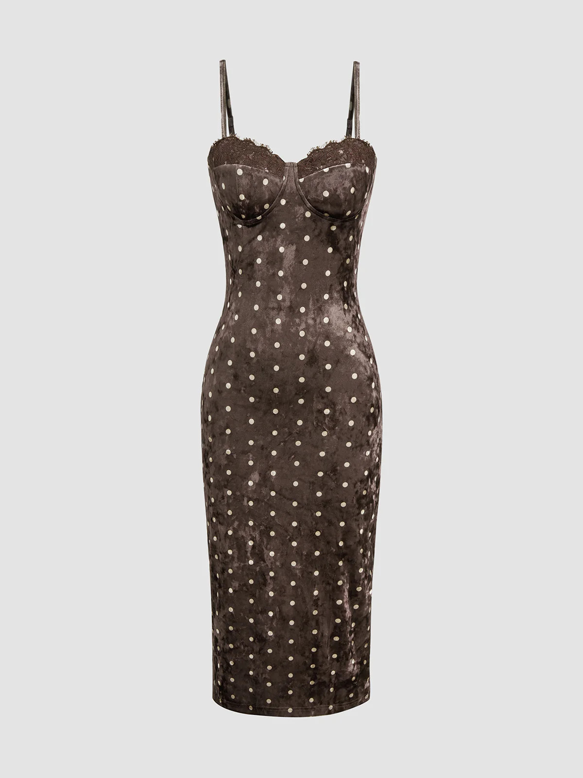 Velvet Polka Dot Lace-Trim Cami Midi Dress | Commense