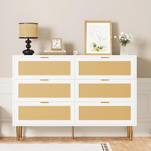 GAOMON Rattan 6 Drawer Dresser, 42.5'' Modern Chest of Drawers with Gold Legs and Handles, Boho W... | Amazon (US)