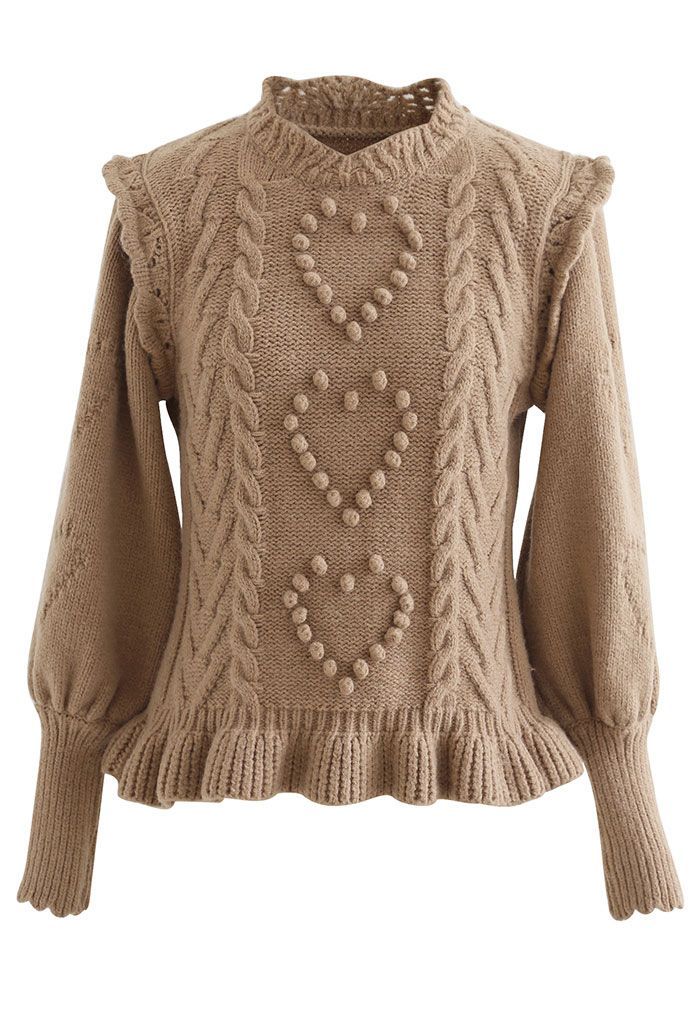 Still My Heart Bubble Sleeves Ruffle Hem Knit Sweater in Tan | Chicwish