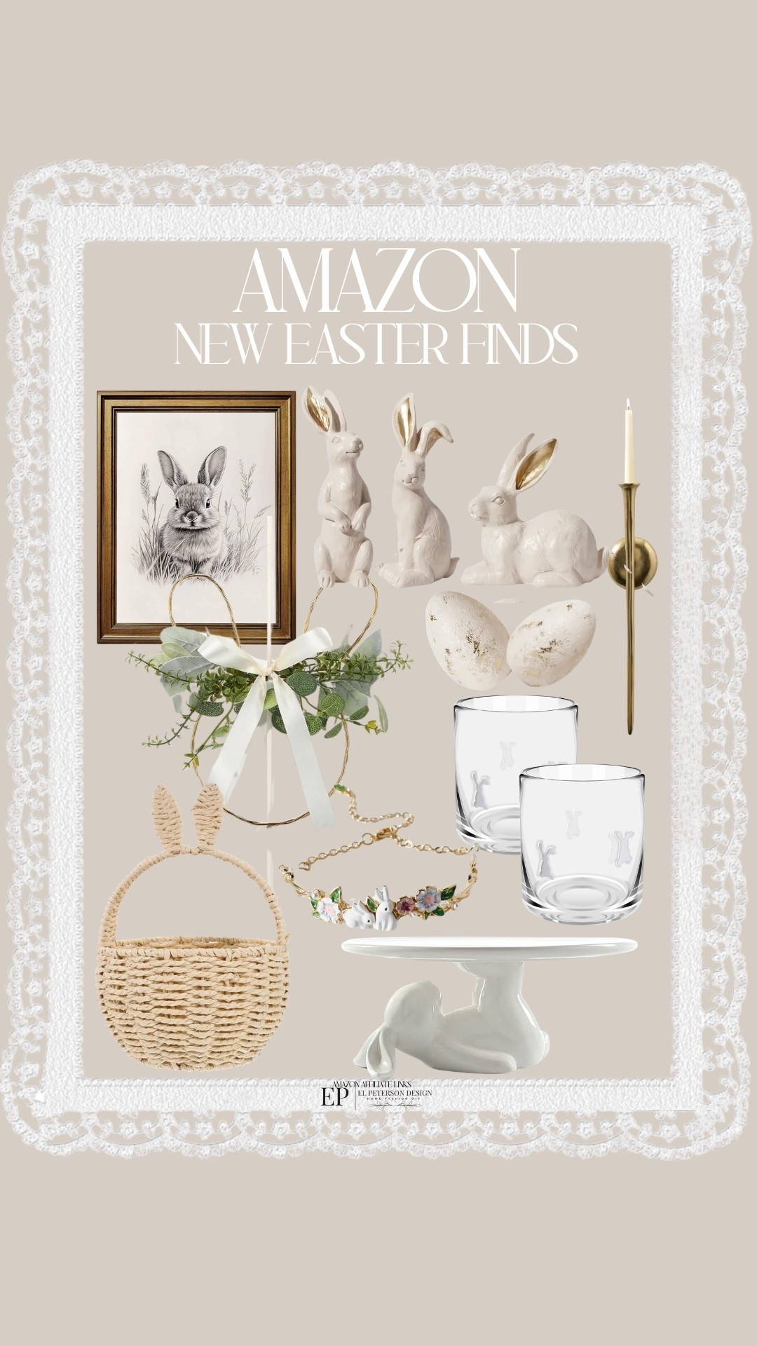 Amazon 
Easter finds
Artwork
Bunnies 
Wall sconce
Drinking glass
Cake holder stand
Basket
Wreath
Bracelet 

#LTKHome