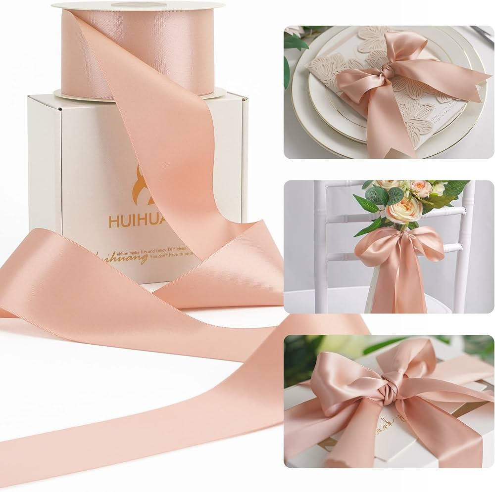 HUIHUANG Rose Gold Pink Ribbon for Wedding, 2" Double Face Misty Rose Satin Ribbon for Flower Bou... | Amazon (US)