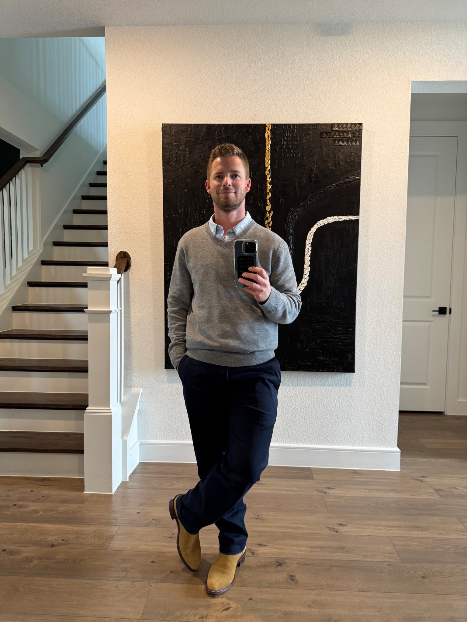 A little busnes, a little casual 

A lightweight v neck on top of a striped button down for a cool morning. Straight fit navy pants and tan boots to finish off the look. 

#LTKgrwm #LTKMens #LTKootd