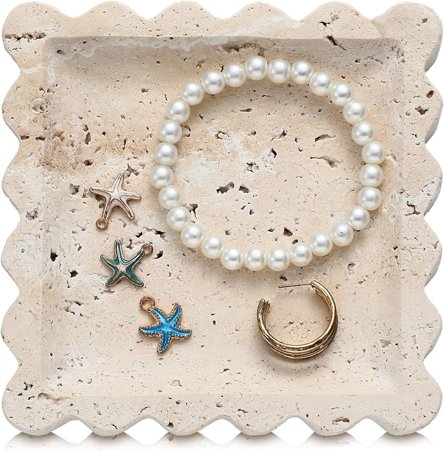 5.5 Inch Small Travertine Scallop Edge Stone Tray Decorative Marble Jewelry Dish Tray Gift(Square... | Amazon (US)