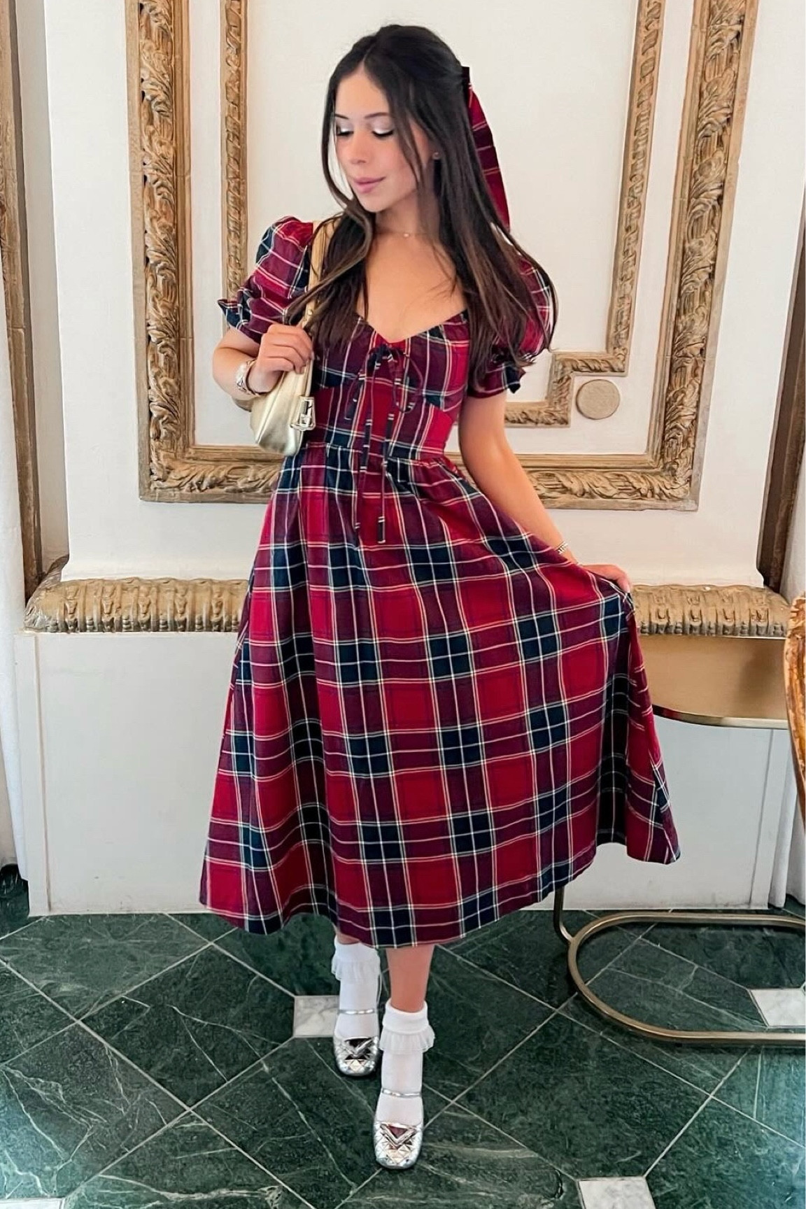 This festive dress from Hill House Home is one of my favorites for the holiday season. I styled it with a matching tartan bow, my gold prada re-edition, and ankle socks and mary janes for all the american girl doll vibes. 

#LTKSeasonal #LTKitbag #LTKstyletip