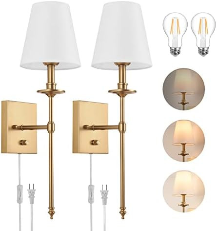 Dimmable Wall Sconces Set of Two, ENCOMLI Plug in Wall Sconces White Fabric Shade, Wall Lamp with... | Amazon (US)