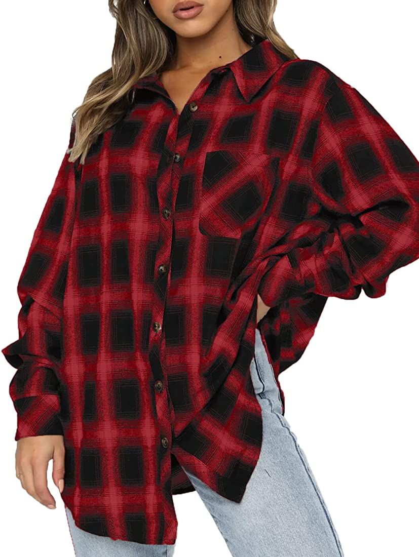 CHYRII Womens Button Down Flannel Shirts Long Sleeve Plaid Shackets Business Casual Blouse Top | Amazon (US)