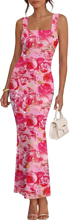 Caracilia Dresses for Women Summer 2026 Sleeveless Mesh Bodycon Floral Maxi Formal Wedding Guest ... | Amazon (US)