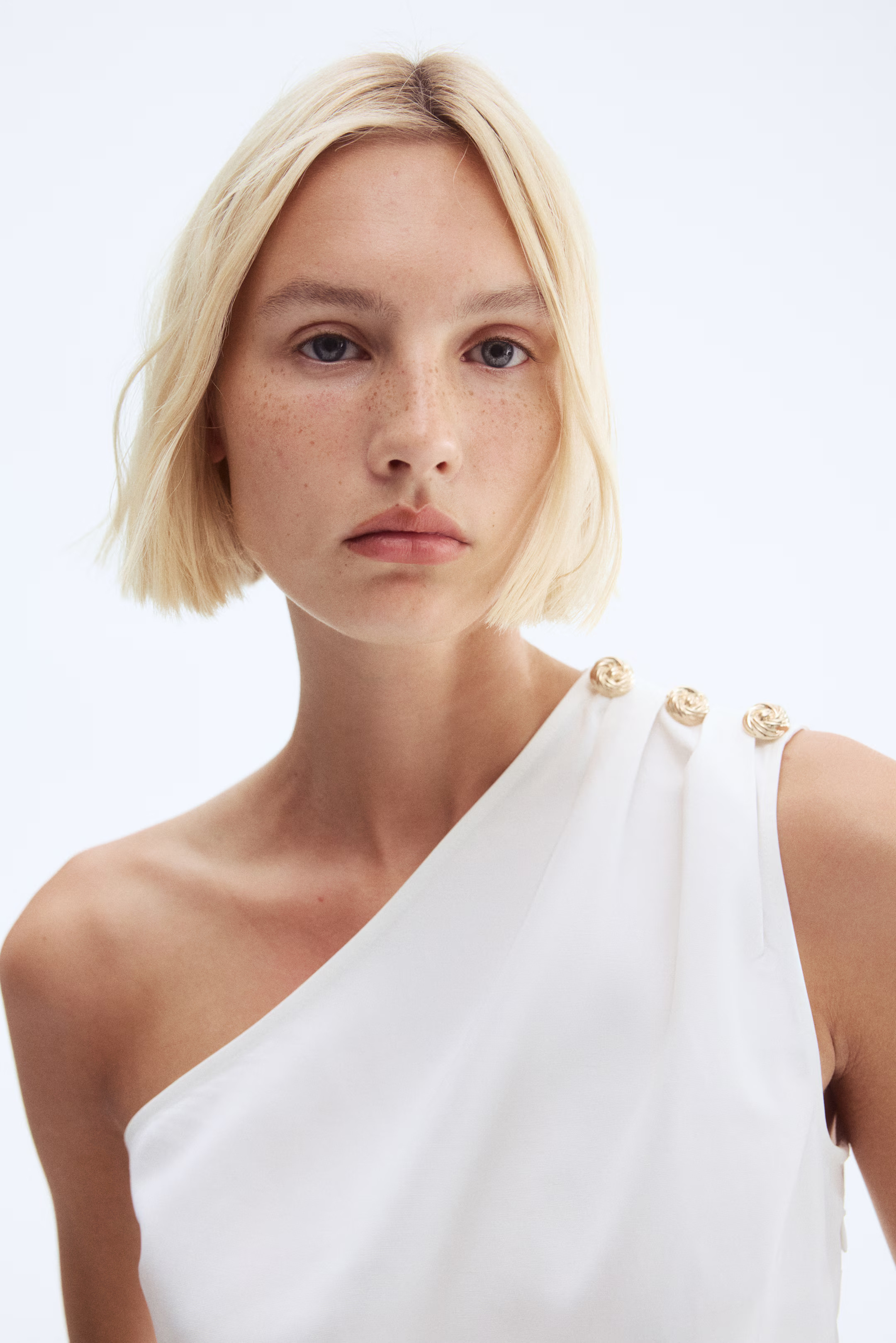 Button-Detail One-Shoulder Top - White - Ladies | H&M US | H&M (US + CA)