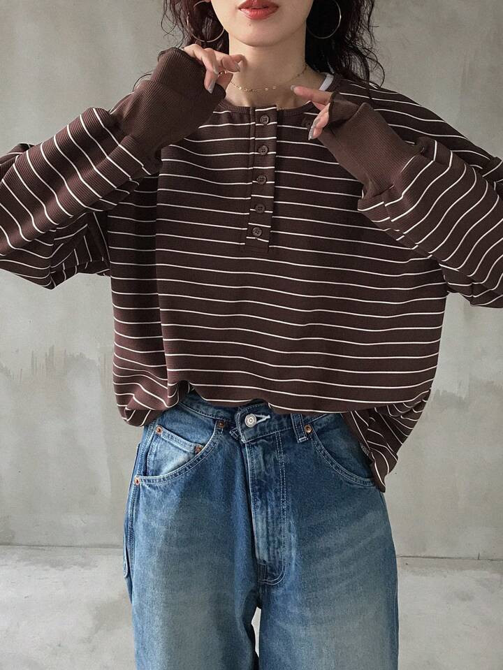 FRIFUL Women's Casual Loose Fit Dropped Shoulder Striped T-Shirt, Spring/Autumn | SHEIN