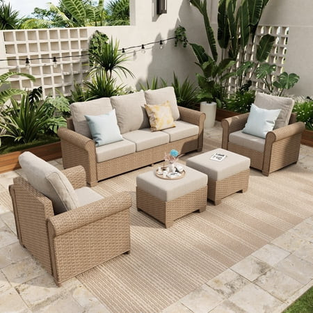 Sophia & William 5 Pieces Wicker Patio Furniture Set 7-Seat Outdoor Conversation Set with Cushions, Beige | Walmart (US)
