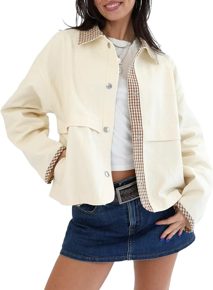 Womens Gingham Contrast Jacket Lightweight Lapel Cropped Trench Coat with Snap Button and Plaid T... | Amazon (US)
