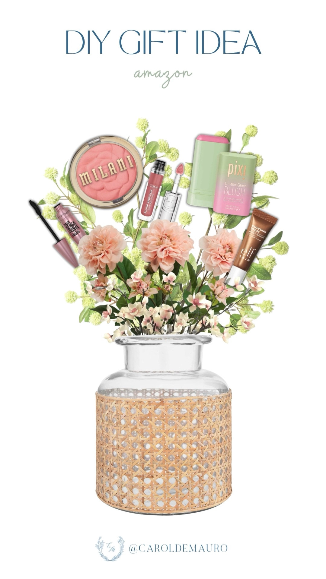 If you want to be the favorite friend at the next birthday or bridal shower, this is the move! It’s such a thoughtful way to package up these products. Plus, it looks so much more expensive and intentional than just throwing everything in a gift bag!

gift idea, DIY, beauty lover, makeup finds, maybeline mascara, elf, pixi blush, home decor, floral arrangement 

#LTKootd #LTKSeasonal #LTKU