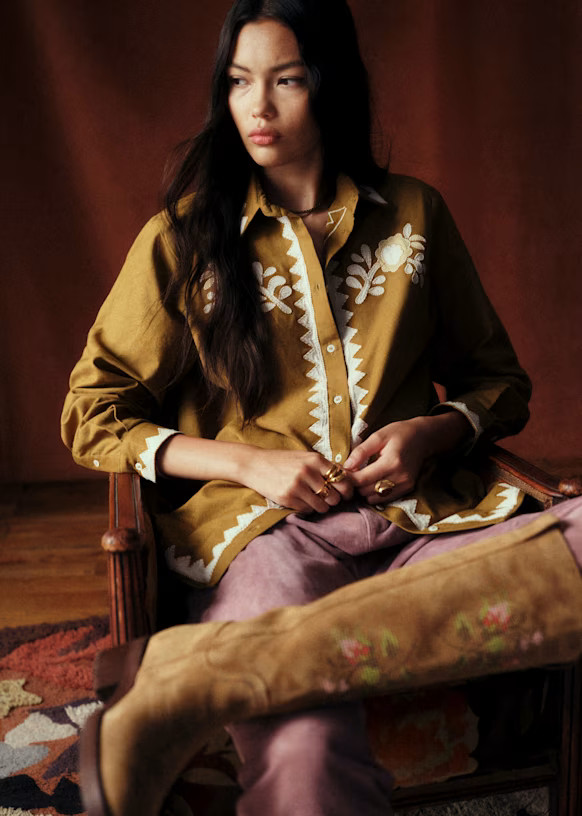 Jeanette Shirt - Sézane x Baziszt - Geometric ecru on a bronze background - Organic Cotton - Sé... | Sezane Paris - US