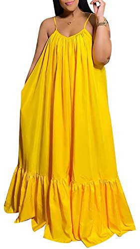 Women's Sexy Spaghetti Strap Sleeveless Bandage Ruched Ruffle Hem Oversized Party Beach Loose Long Maxi Swing Dress Yellow | Amazon (US)