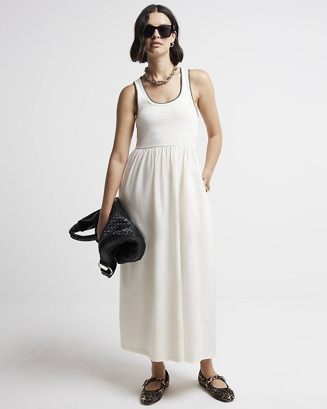 Cream whipstitch skater midi dress | River Island (UK & IE)