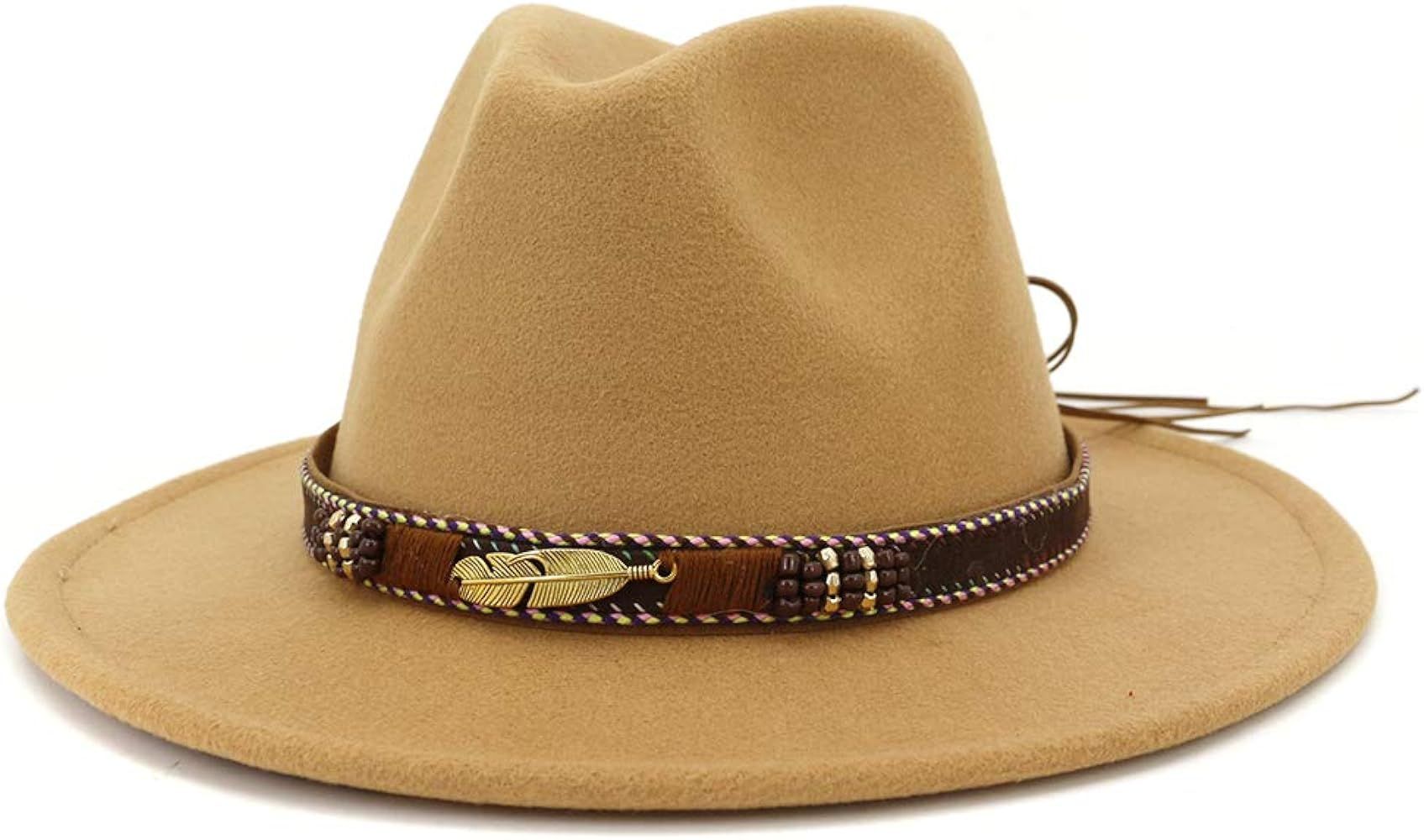HUDANHUWEI Men Women Ethnic Felt Fedora Hat Wide Brim Panama Hats with Band | Amazon (US)