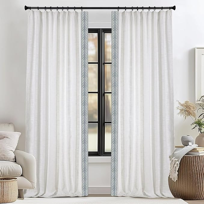 Blackout Linen Curtains, Blue V Tape Trim Drapes for Bedroom, Living Room, 40 Width 84 Inch Long,... | Amazon (US)