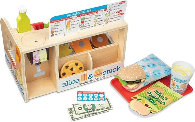 Melissa & Doug Slice-Stack-Serve, Wooden Sandwich Counter Pretend Play Store with Play Food Toys,... | Amazon (US)