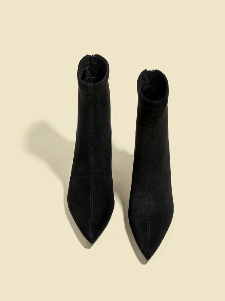 Fall/Winter 2025 Women's Black Suede Ankle Boots And Short Boots, 7cm High Heel, Elastic Slim Fit, Comfortable And Fashionable Boots, Black High Heel Shoes, Wine Glass Heel, Oil Leather | SHEIN