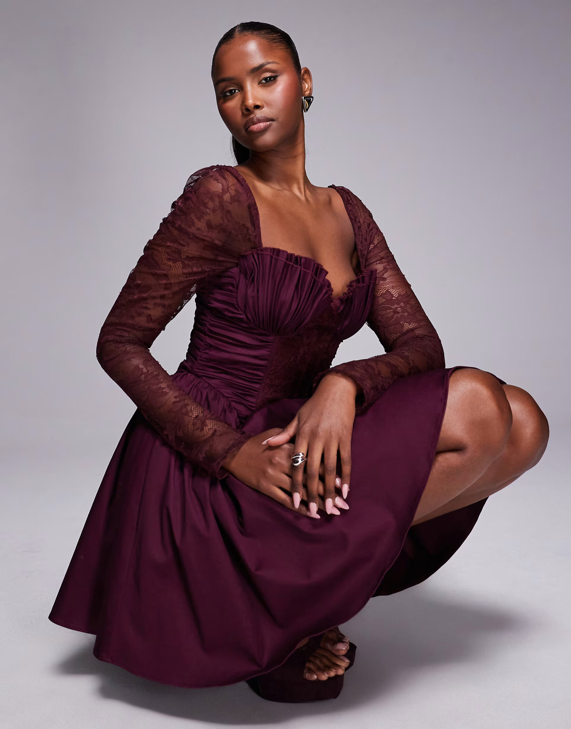 ASOS DESIGN structured ruffle hem mini dress with gathered sheer lace sleeves in mulberry | ASOS (Global)