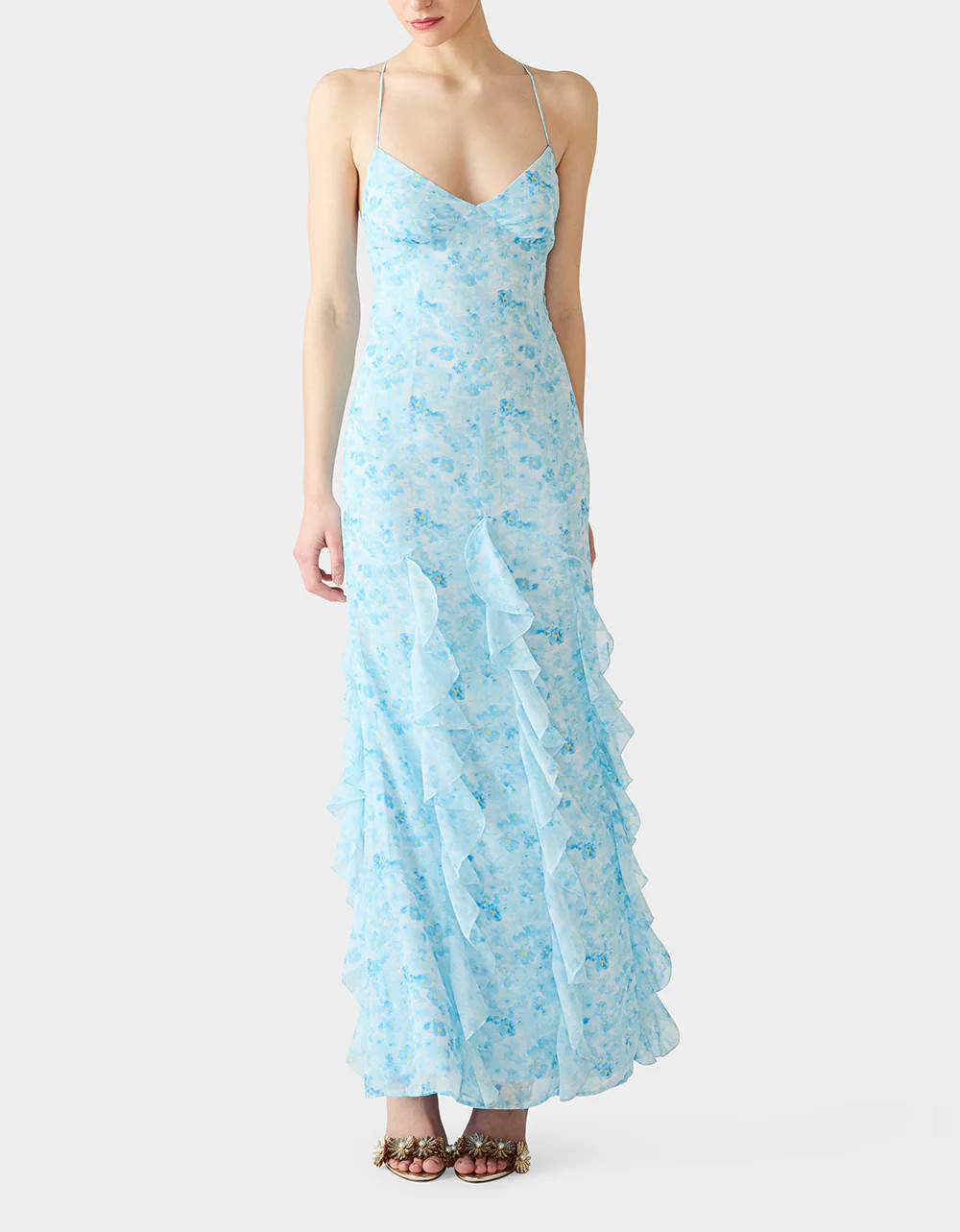 PROVO PETALS GOWN BLUE Women's Blue Floral Print Ruffle Maxi Dress | Betsey Johnson