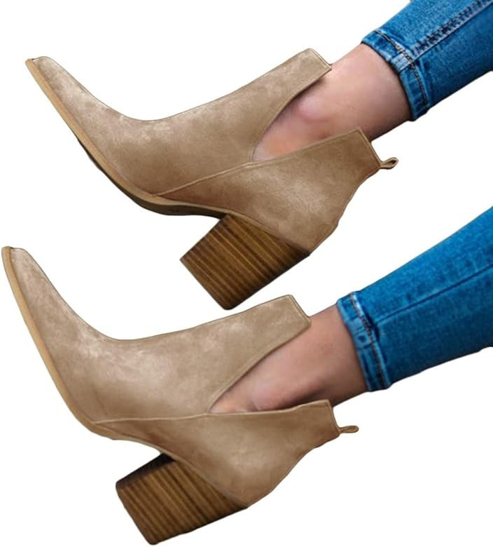 Womens Ankle Boots Pointed Toe Side Cutout Perforated Chunky High Heel Booties | Amazon (US)