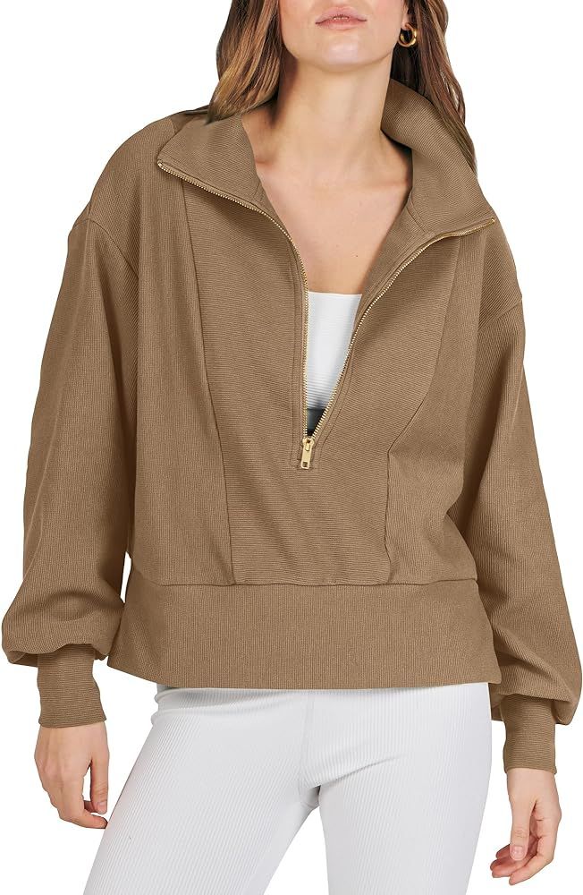 ANRABESS Women Half Zip Cropped Sweatshirt Casual Fleece Quarter Zip Hoodies Knit Pullover Top 20... | Amazon (US)