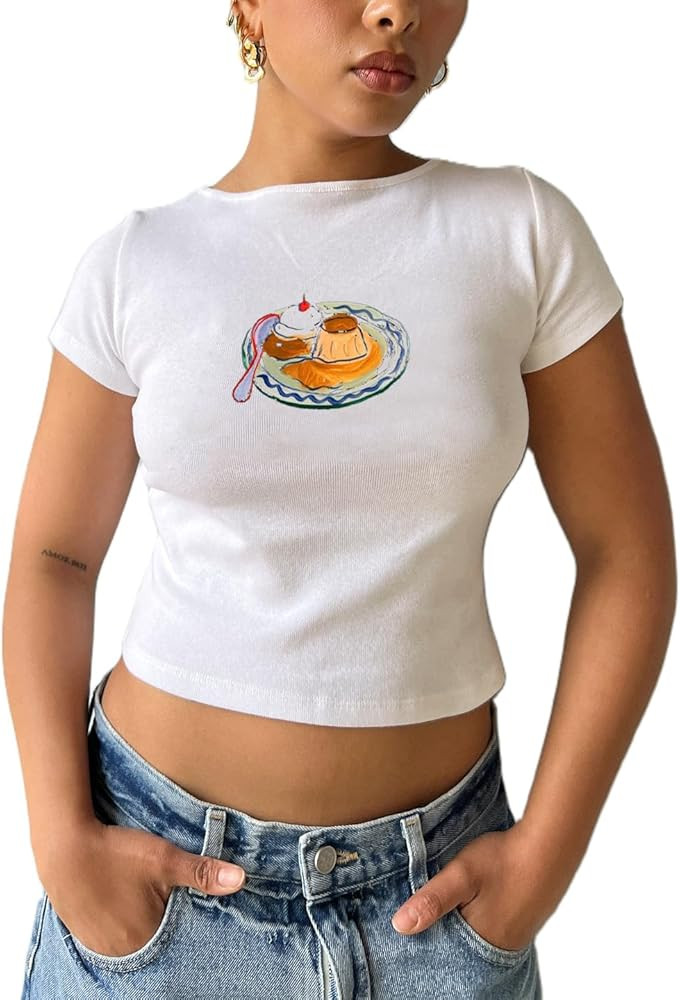 Y2k Baby Tees Women Short Sleeve Crop Tops Teen Girls Bow Fruit Graphic Print T Shirts Vintage Ae... | Amazon (US)