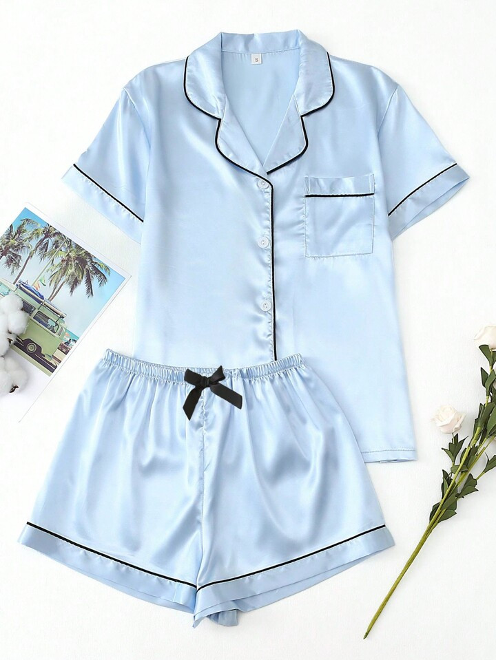 2pcs Satin Pajama Set With Short Sleeve Lapel Shirt And Bowknot Shorts, Women Sleepwear Home Clot... | SHEIN