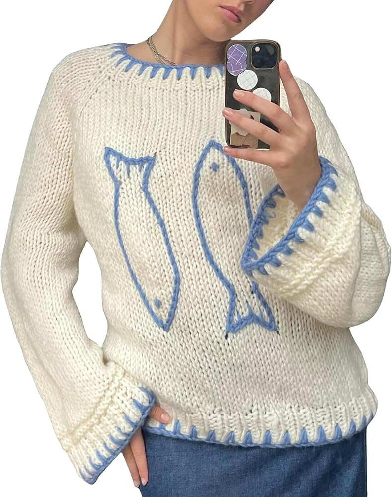 Women Y2K Graphic Knit Sweater Lobster Print Long Sleeve Loose Fit Sweater Vintage Oversized Pull... | Amazon (US)
