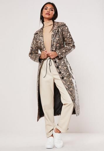 Brown Snake Print Button Through Trench Coat | Missguided (UK & IE)