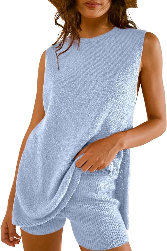 Glamaker Women's 2 Piece Shorts Sets Summer Sweater Ribbed Knit Tunic Top Matching Set Beach Vaca... | Amazon (US)