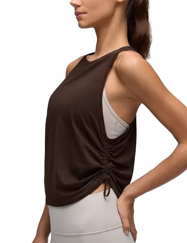 CRZ YOGA Pima Cotton Ruched Side Tank Tops for Women - Workout Athletic Casual Racerback Crewneck Loose Sleeveless Shirts Hot Fudge Brown X-Large | Amazon (US)