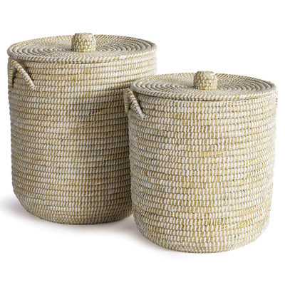 Elias French Country White Seagrass Hamper Basket with Lids - Set of 2 | Kathy Kuo Home