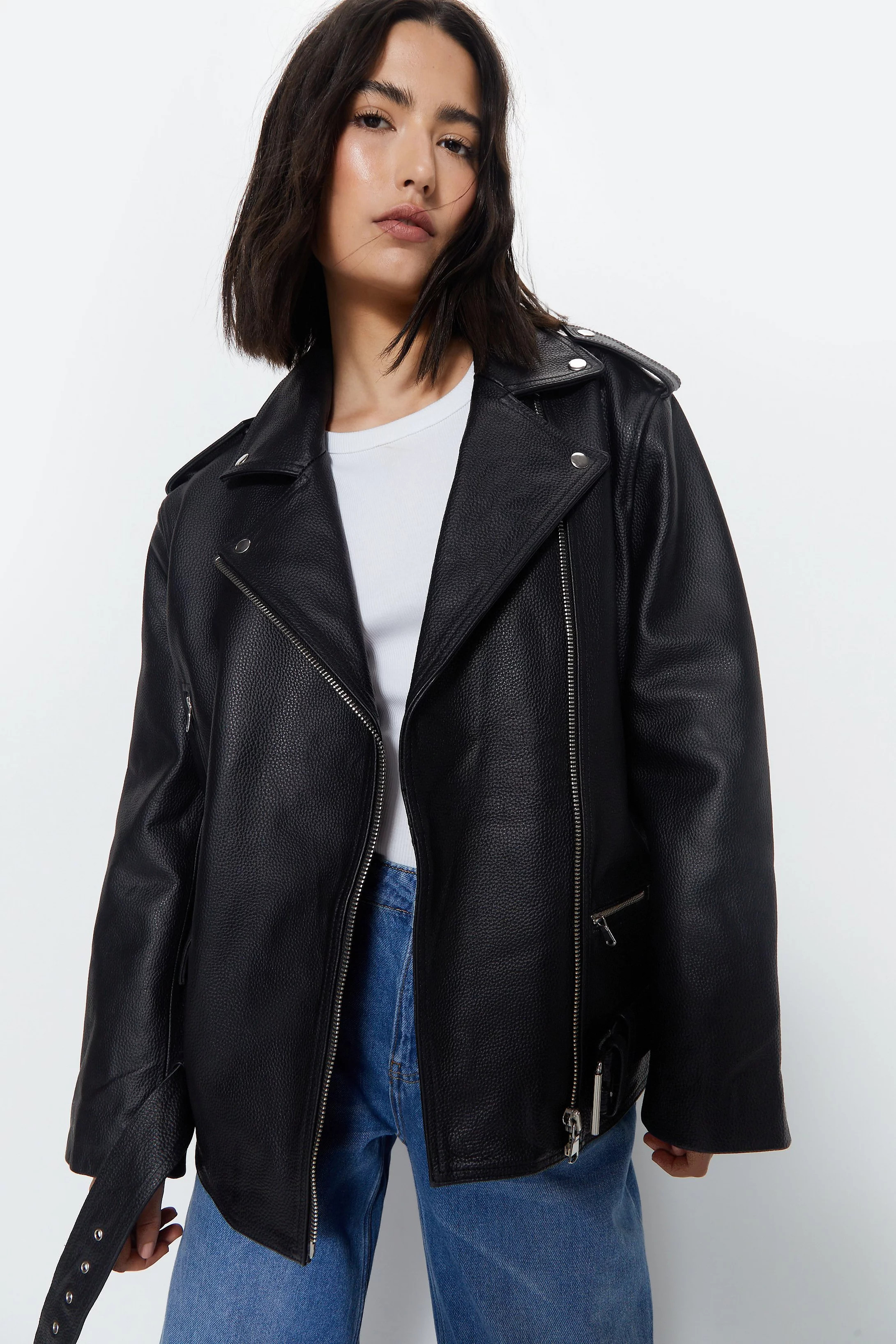 Real Leather Belted Biker Jacket | Warehouse UK & IE