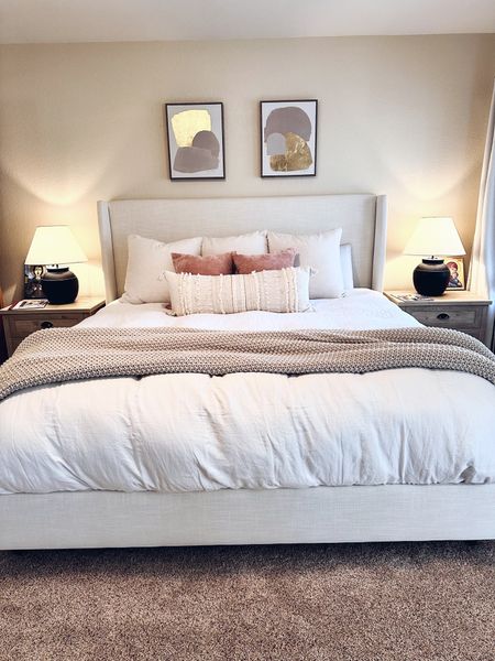 Wayfair upholstered bed (color: Zuma White) + West Elm bedding (duvet color: white) 

#LTKFind #LTKhome