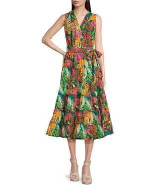 Gibson & Latimer Floral Printed Tiered Sleeveless Surplice V-Neck Tie Waist Wrap Midi Dress | Dil... | Dillard's