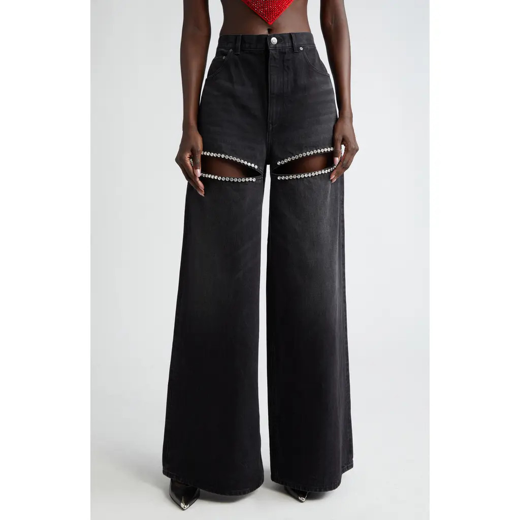 Area Crystal Embellished Cutout Wide Leg Jeans in Black at Nordstrom, Size 28 | Nordstrom