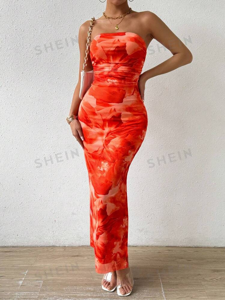 SHEIN Allurite Women's Floral Print Strapless Bodycon Dress | SHEIN
