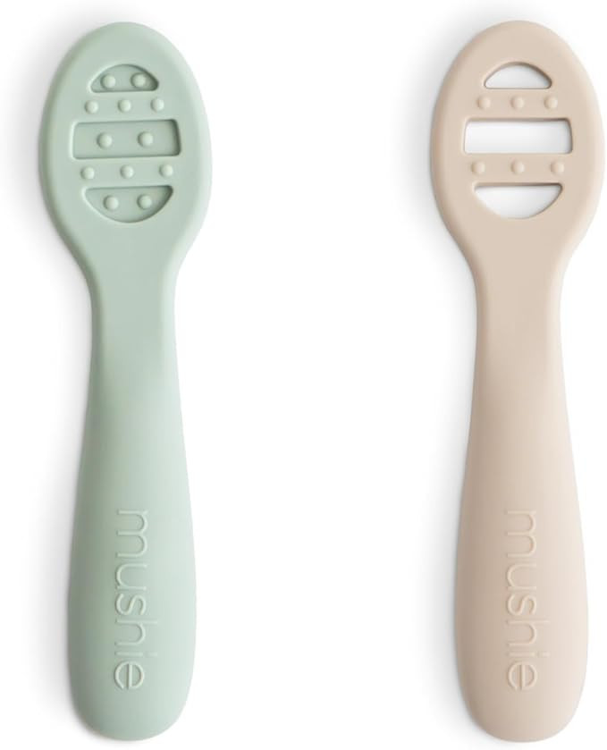 mushie Silicone First Feeding Baby Spoons | 2 Pack (Cambridge Blue/Shifting Sand) | Amazon (US)