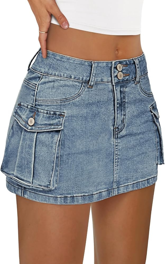 LILLUSORY Women Cargo Mini Skirt Denim Jean Dress with Pocket | Amazon (US)