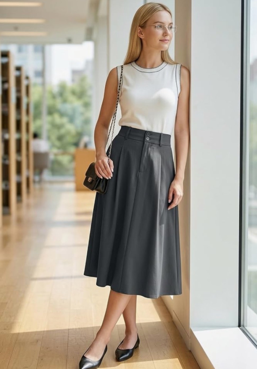 Dressy summer midi skirt for outfits that need to look polished but still feel easy. 🖤 The high waist A-line shape makes it flattering, versatile, and simple to style for work, office days, dating, travel, or elevated everyday outfits. Pair it with a blouse, fitted tank, sandals, heels, or a light cardigan depending on where you’re headed. 

Add this one if you want a clean closet staple that can do more than one thing. ✨

#LTKWorkwear #LTKSeasonal #LTKU
