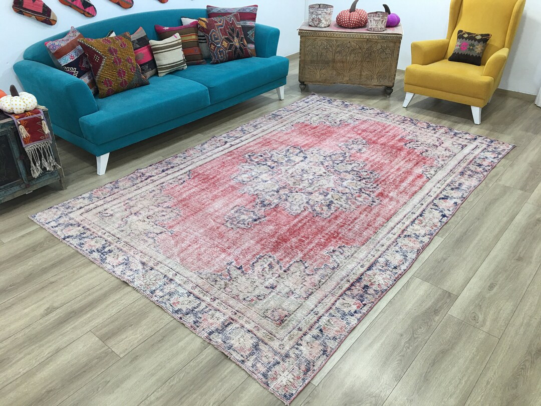 Pink Blue Rug Handmade Rug Vintage Turkish Rug Large Oushak - Etsy | Etsy (US)