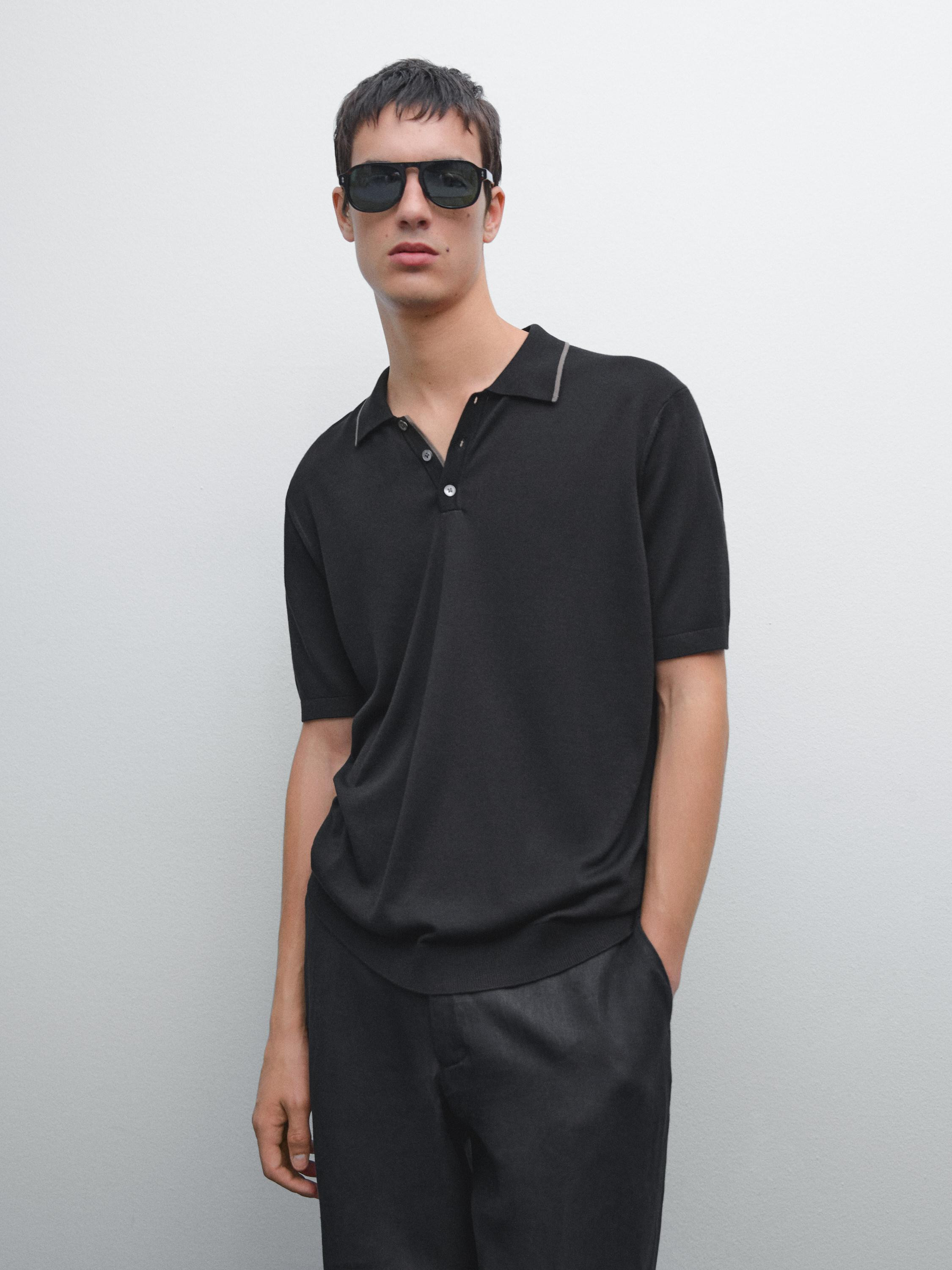 Knit polo shirt with coloured collar detail | Massimo Dutti US