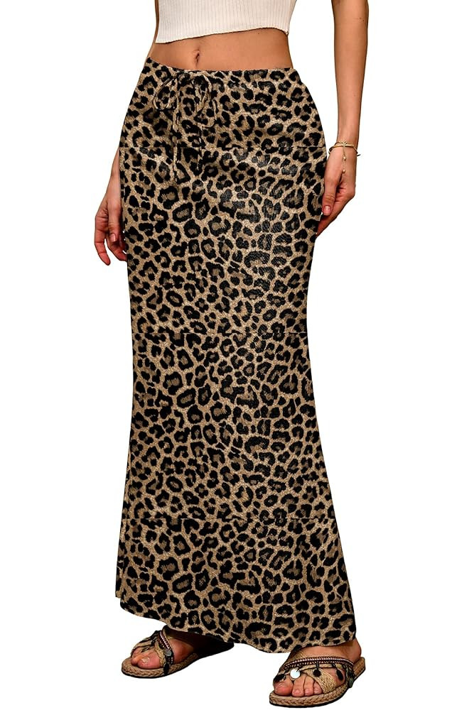 ELLEVEN Linen Flared Maxi Skirt with Back Slit - Elastic Waist Drawstring Long Flowy Ankle-Length... | Amazon (US)